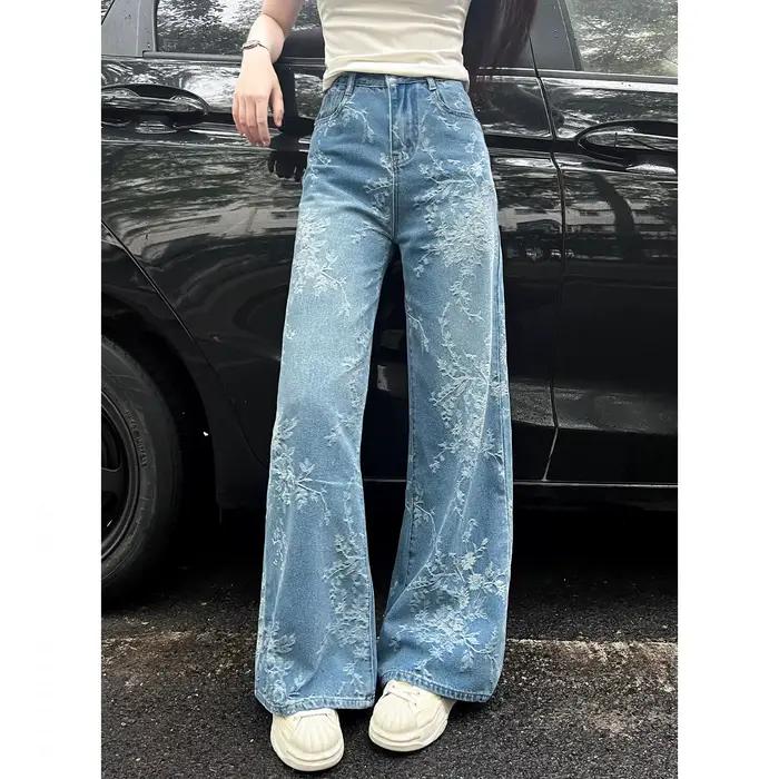 Pantalon ample pour femme en jean bleu ciel avec broderie et coupe décontractée pour toutes les occasions