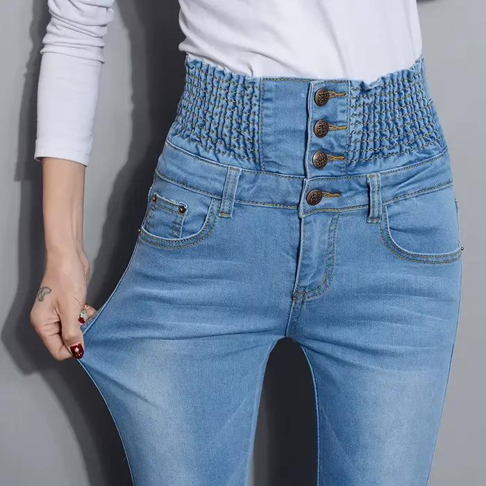 Pantalon en denim taille haute pour femme jean skinny chaud style bureau dame automne hiver grande taille résistant confortable