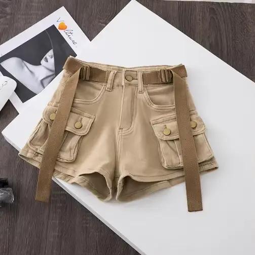Rétro armée vert vêtements de travail Denim Shorts nouvel été Cool fille Chic ceinture poche conception taille haute danse Ultra court pantalons chauds