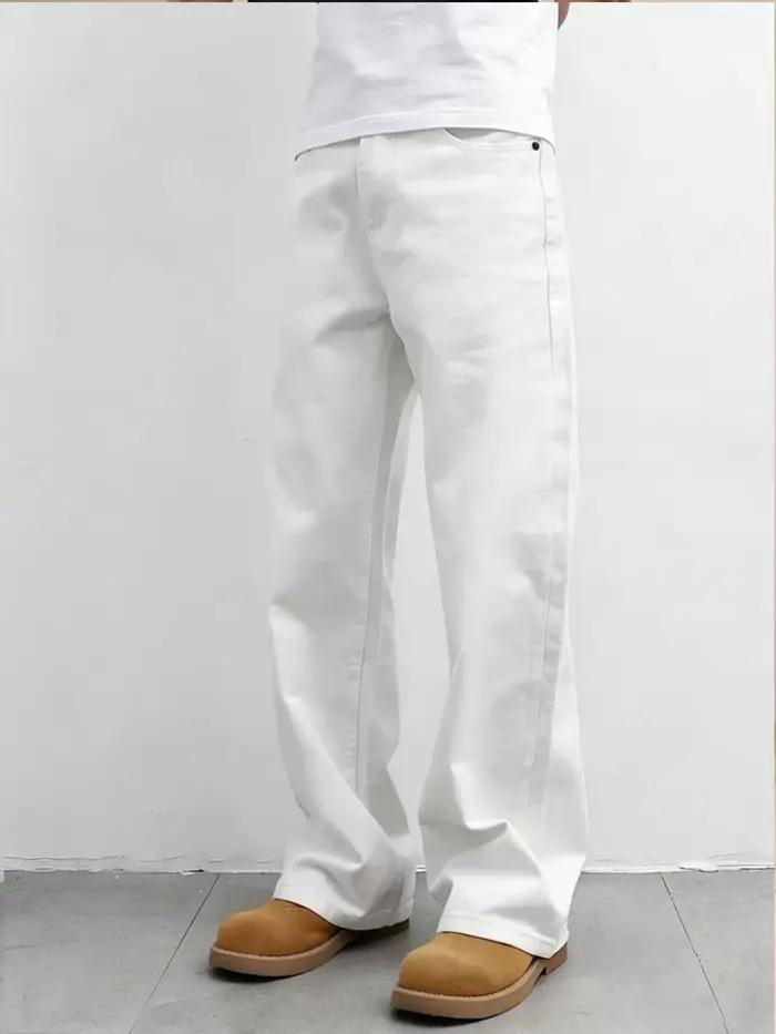 Jean blanc pur pour hommes, style ample et large, denim coton, coupes régulières, bouton volant, printemps été