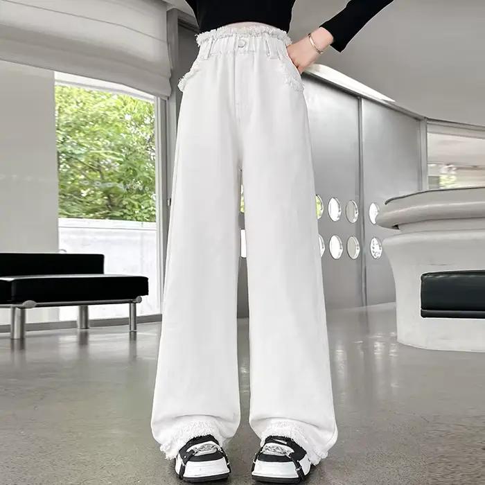 Offre spéciale enfant noir blanc jean pour filles nouveau casual jambe droite Denim pantalon adolescent enfants couleur