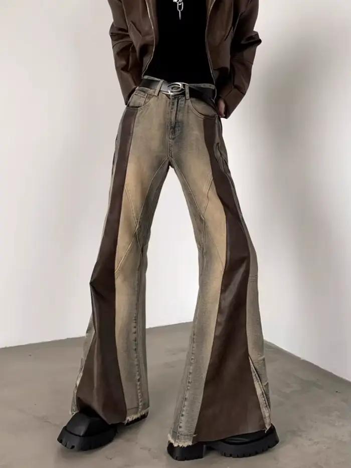 Trashy Y2K 2000S Pu cuir Patchwork mince Flare jean pantalon pour hommes 90S Vintage vêtements Colorblock Denim pantalon Moda Hombre