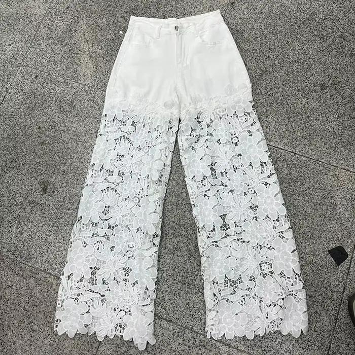 Jean à jambes larges en dentelle ajourée KUCLUT pour femme, jeans amples enduits, style high street, polyvalent pour toutes les saisons