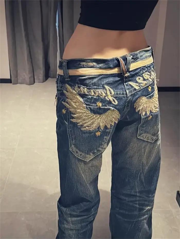Jeans brodés aux ailes dorées personnalisés pour enfants, pantalon évasé taille basse, design décontracté, printemps été, pour filles occasions spéciales