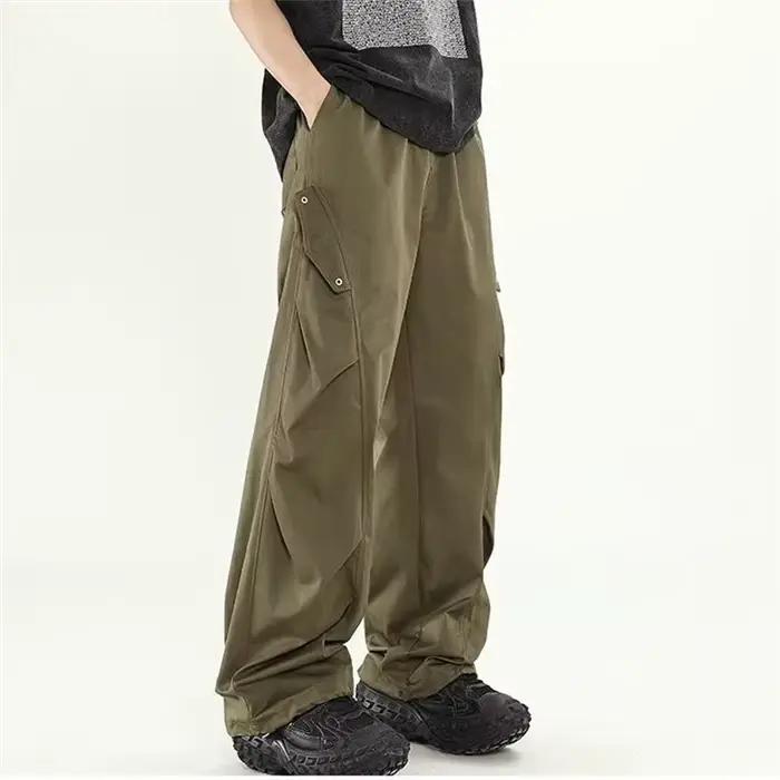 Pantalon cargo noir homme ample hip-hop coréen punk style safari plissé polyester drap fin printemps été