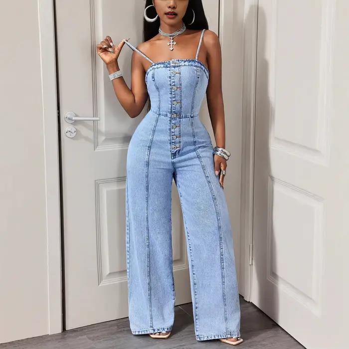 Combinaisons en jean pour femmes vintage sans dos sans manches délavées style streetwear pantalons en jean à bretelles printemps été 2026