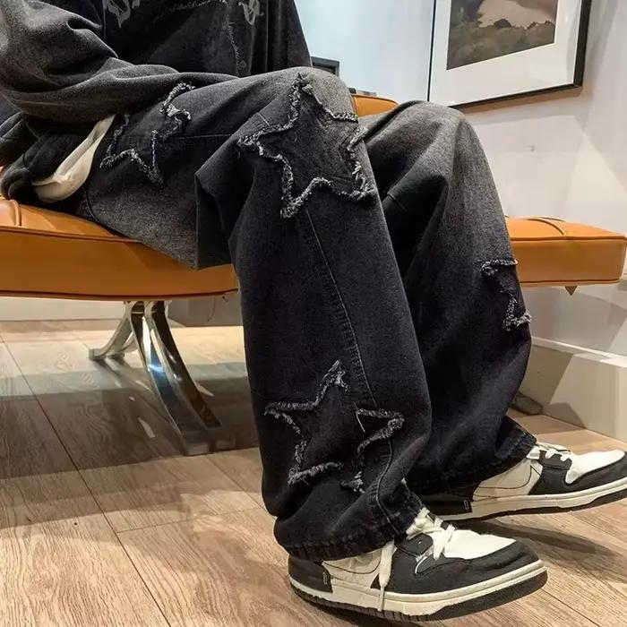 Jeans homme style hip-hop américain coupe droite ample large taille asiatique marque tendance streetwear pour hommes quatre saisons occasions quotidiennes