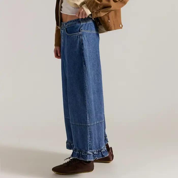 Jean chic bohème bleu clair à ourlet volanté pour femme
