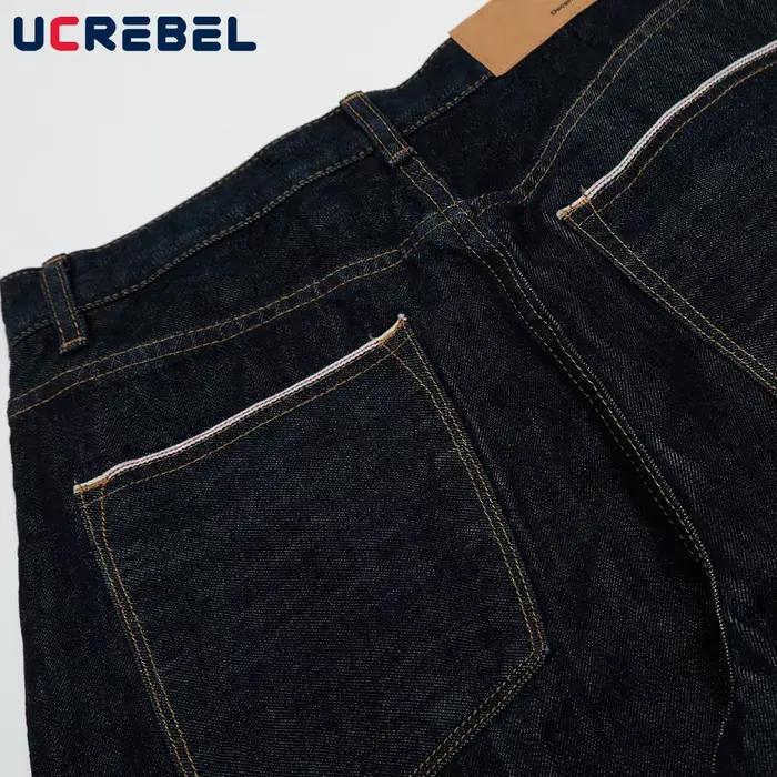 Poche pantalon en jean brut hommes couleur unie rétro haute rue droite jambe large