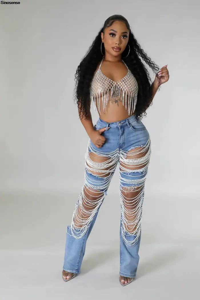Pantalon en Denim à trous déchirés détruit pour femmes
