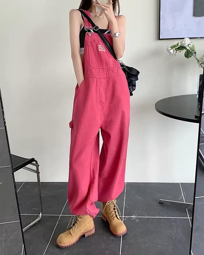 Jeans femmes 2025 été Style lâche filles rose pantalon à jambes larges combinaison coréenne décontracté denim salopette