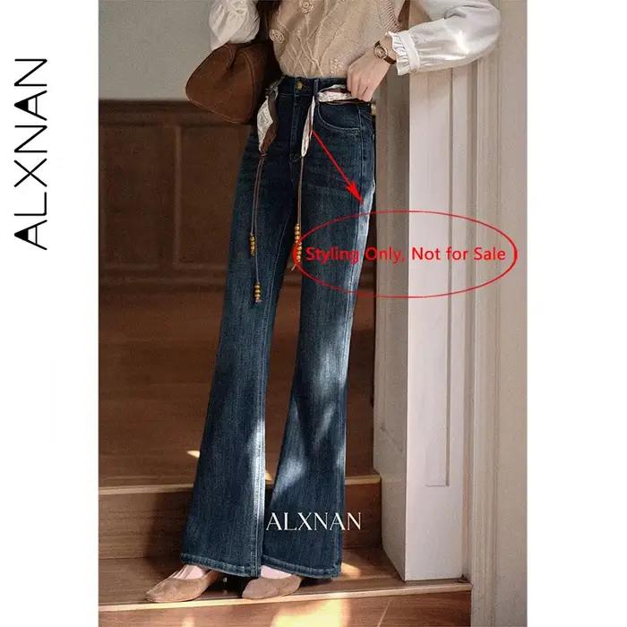 ALXNAN Jean bleu vintage taille haute en coton évasé pour femme