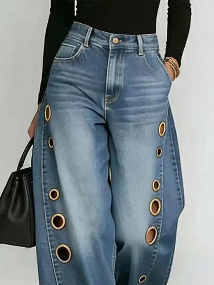 DFCF Jeans Vintage Femme Tendance Décontracté Streetwear Y2K Ample Poches Découpées Pantalon Large 2026 Nouveauté Toutes Saisons