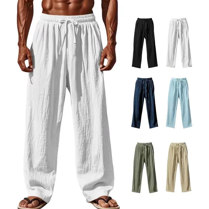 2025 nouveaux hommes coton et lin pantalons décontractés Simple et confortable jambe droite pantalon taille cordon