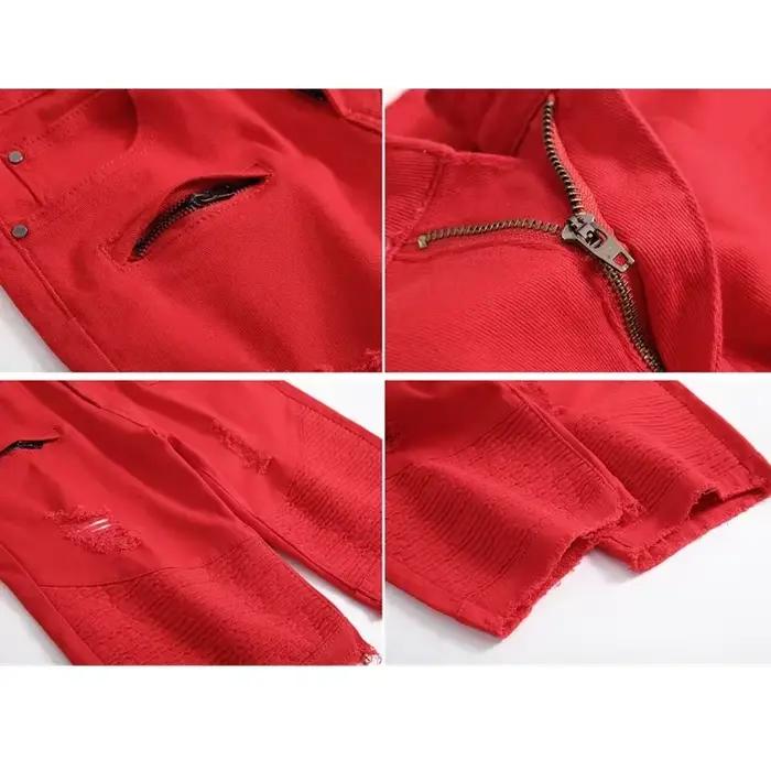 Nouveau short en jean rouge pour hommes plis et trous shorts décorés