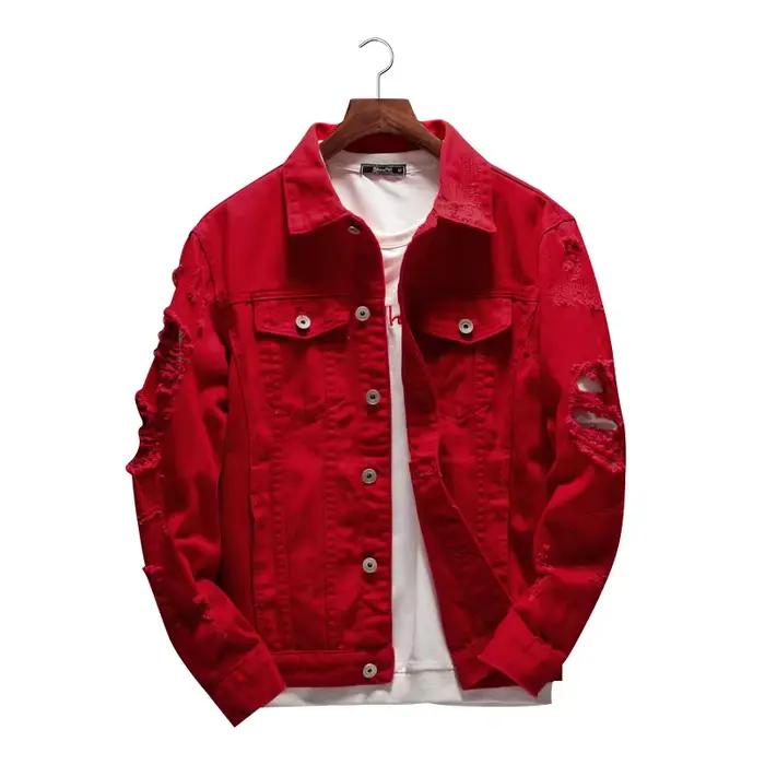 Veste en jean rose pour hommes, style rétro déchiré, polyvalente pour quatre saisons, idéale pour sorties décontractées et occasions romantiques en couple