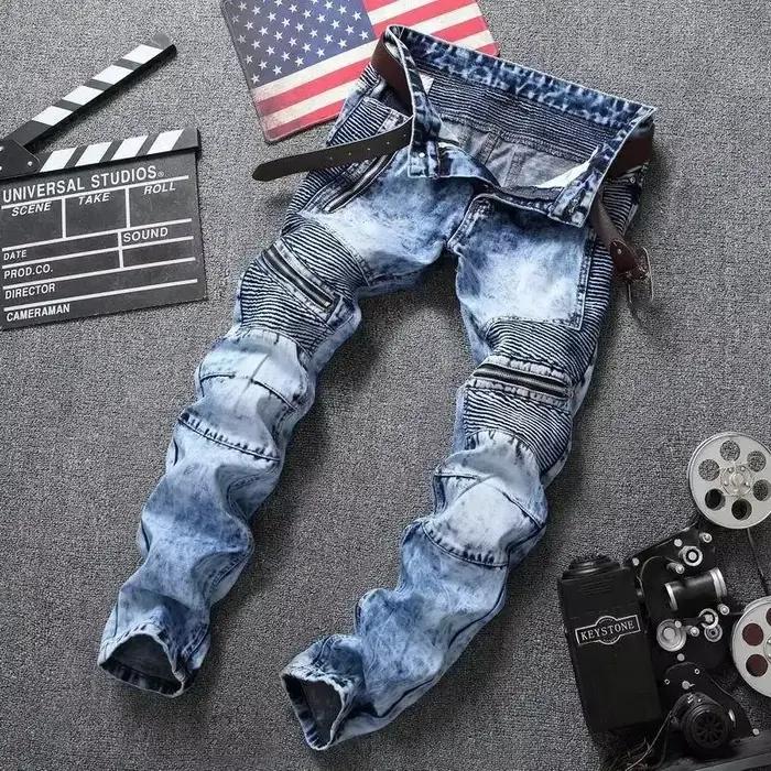 Punk Street Style déchiré jean moulant hommes Vintage lavage solide Denim pantalon