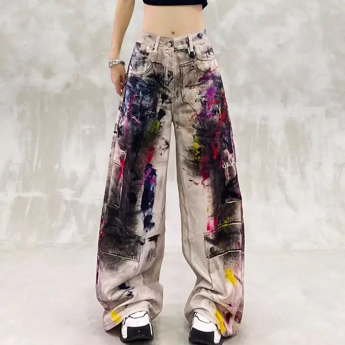 Y2k jean dames Cool peint Graffiti avec taille haute et coupe ample