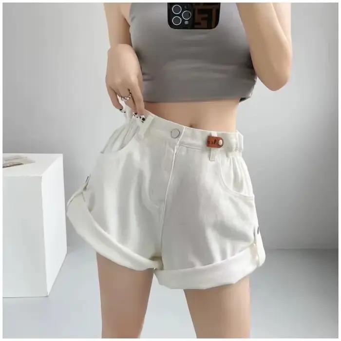 Shorts en denim taille haute décontractés pour femme, printemps été 2024, polyester, boutons et poches, coupes régulières, variété de couleurs, ocassions estivales