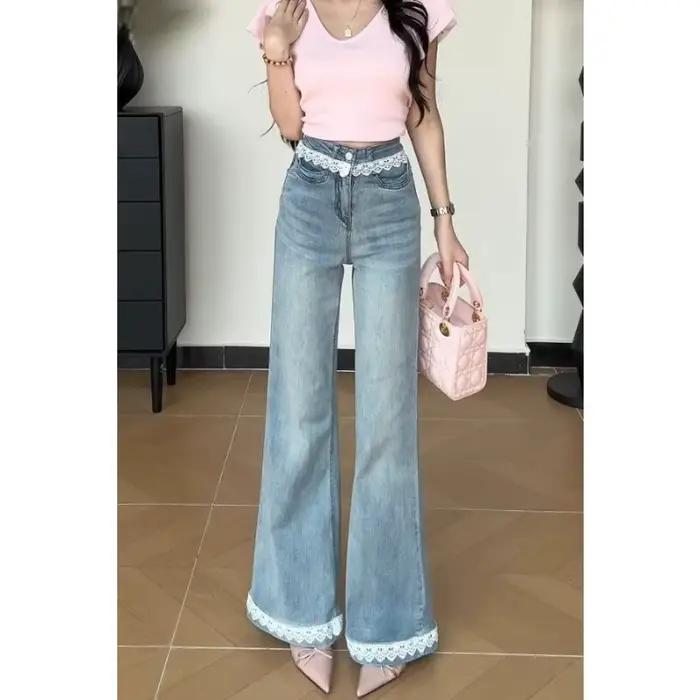 Jeans en dentelle pour femmes collection printemps été 2026 coupe ample avec dentelle et volants polyester durable étanches occasions spéciales et quotidiennes