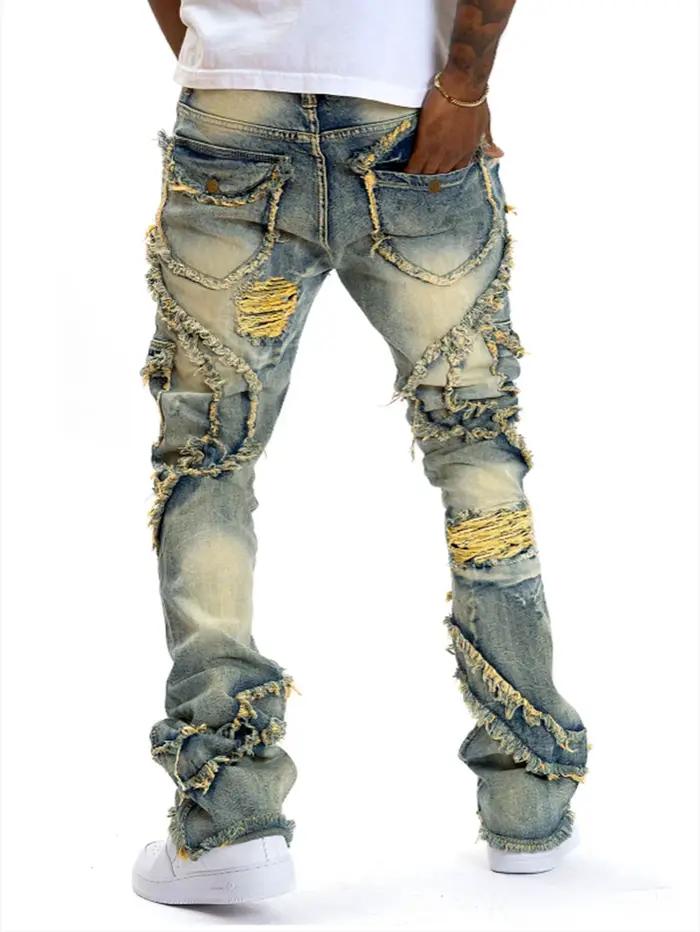 High Street Vintage hommes jean trou cassé gland Micro élastique pantalon évasé Streetwear à la mode jeunesse Denim