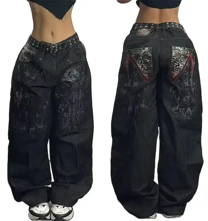 Jean Baggy à motif brodé Hip-hop rétro pour hommes et femmes