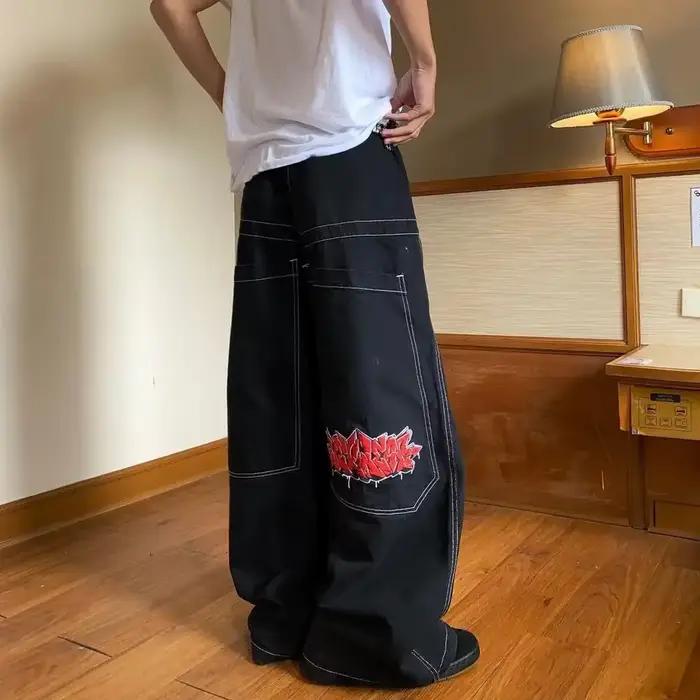 Jeans brodés style streetwear, jeans hip-hop amples à jambes larges