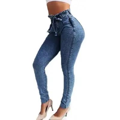 Jean taille haute slim pour femme avec ceinture élastique et franges – Idéal pour eBay et Wish – Affine votre silhouette