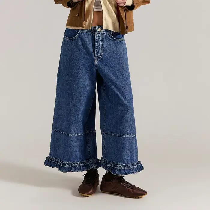 Jean chic bohème bleu clair à ourlet volanté pour femme