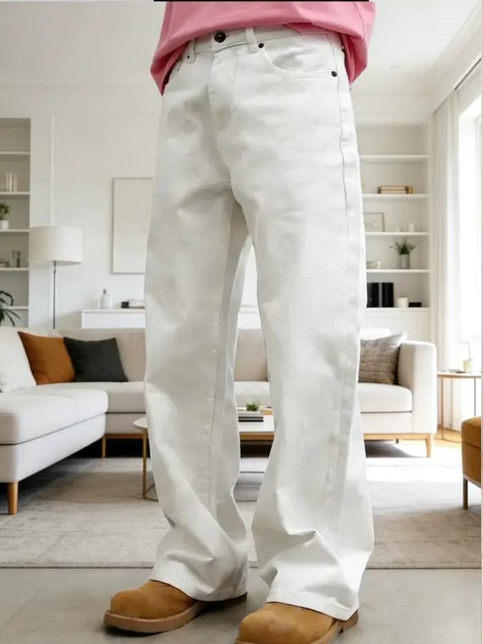 Jean blanc pur pour hommes, style ample et large, denim coton, coupes régulières, bouton volant, printemps été