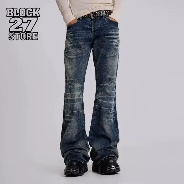 Jean pour hommes Harajuku Y2K Streetwear mi bleu pantalon en Denim évasé Vintage délavé Bootcut jambe large coupe ample gothique haute rue nouveau