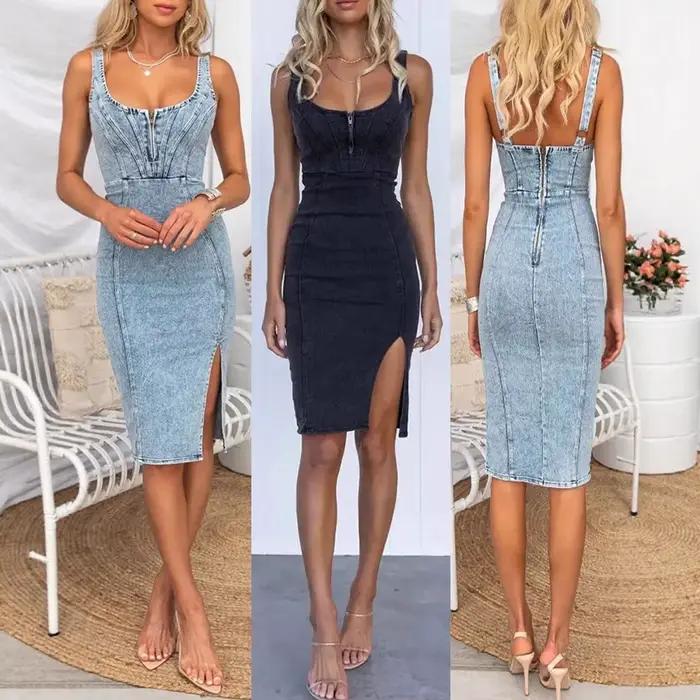 Robe en jean à épaules dénudées style décontracté coton polyester pour femmes été casual chic événements sorties décontractées