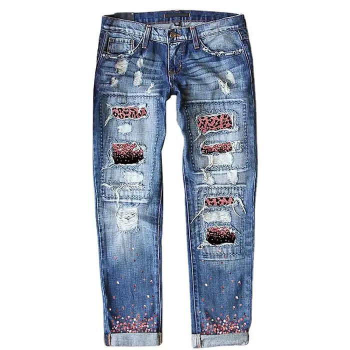 Jean femme imprimé pantalon droit Denims longueur cheville