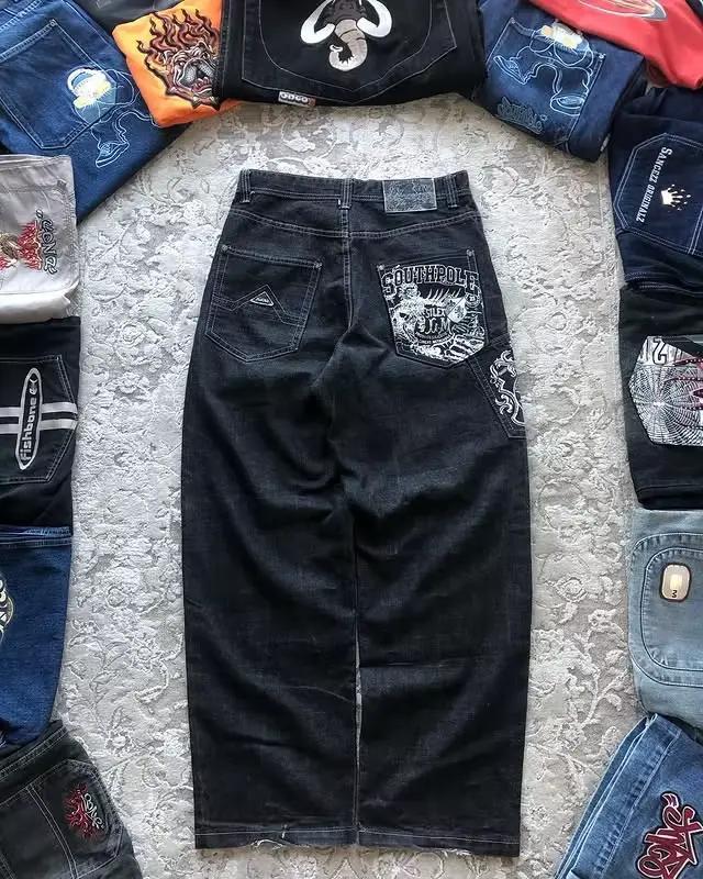 Jeans à jambes larges rétro brodés Southpole pour hommes en toile enduite, idéaux pour le shopping et les soirées hip-hop