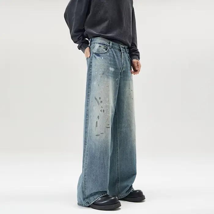Pantalon large et droit unisexe en jean délavé style streetwear
