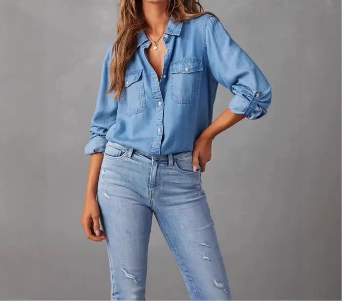 2025 nouvelle chemise en jean automne mode décontracté revers simple boutonnage femmes