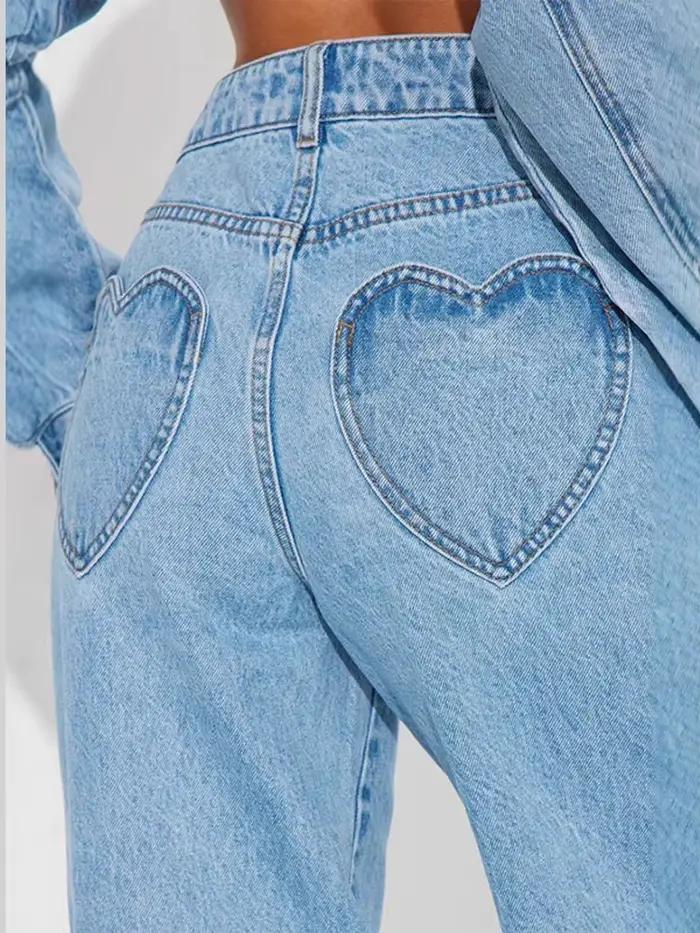 Pantalon en jean Denim bleu délavé pour femmes avec poches en forme de cœur haute taille large streetwear tendance printemps été