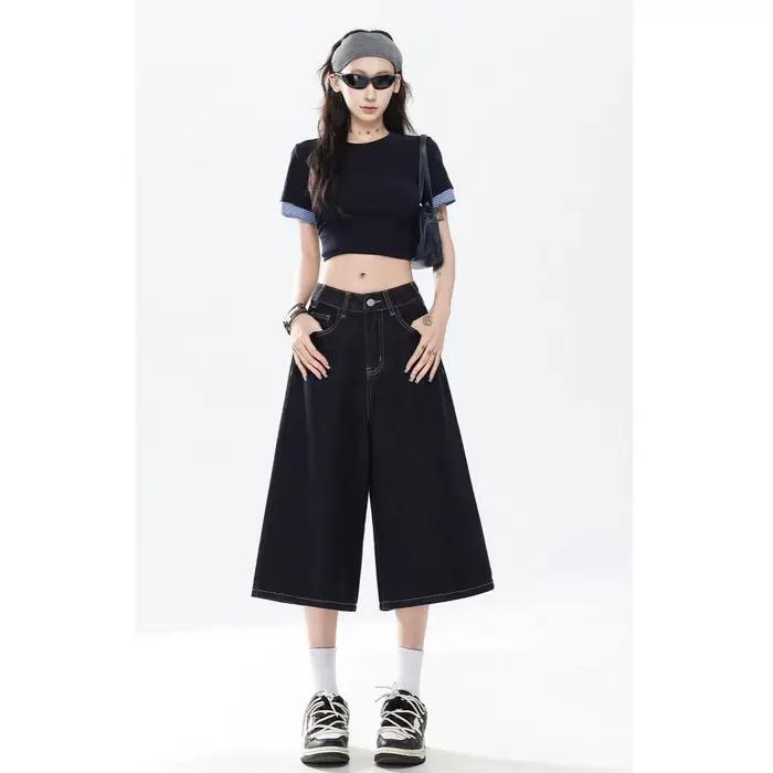Jean en denim rétro américain taille haute coupe droite drapé pour femme