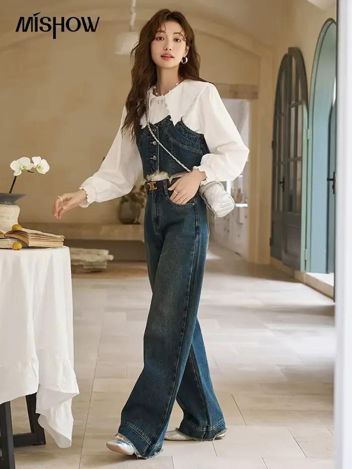 MISHOW américain rétro jambe large jean printemps taille haute mince coton élastique Denim pantalon droit ourlet glands