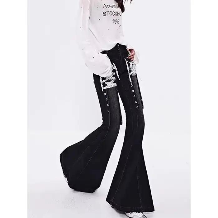 ZHIZOU femmes académique Goblin Core Harajuku Y2K taille basse dentelle jean Abi Denim Flare pantalon cloche-bas Vintage Y2k Goth Gyaru Kpop