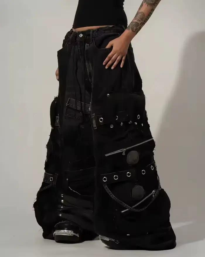 Pantalon en jean noir déchiré unisexe Y2K avec plusieurs poches cargo
