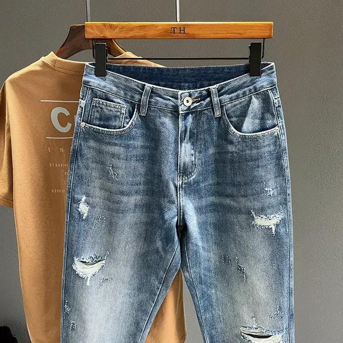 Jean déchiré à trous coniques pour homme, denim effiloché, vintage, décontracté, bleu, nouvelle collection, pantalon sarouel, toile épaisse, ajustement ample, quatre saisons, quotidien