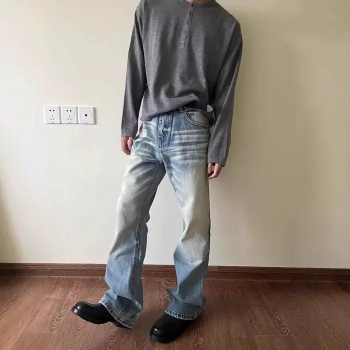 Jeans vintage américains délavés et usés pour hommes, coupe droite ample légèrement évasée, pantalon fluide amincissant