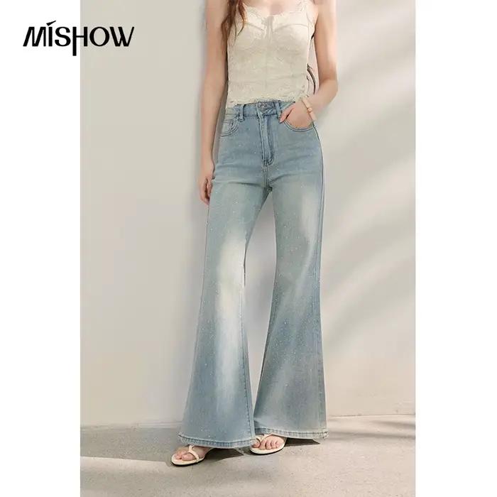 MISHOW Jean évasé taille haute bleu clair style vintage français pour femme avec strass