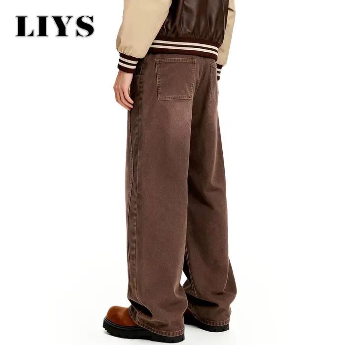 Américain rétro hommes marron décontracté Baggy jambe large jean coréen dessin animé éléphant broderie ample