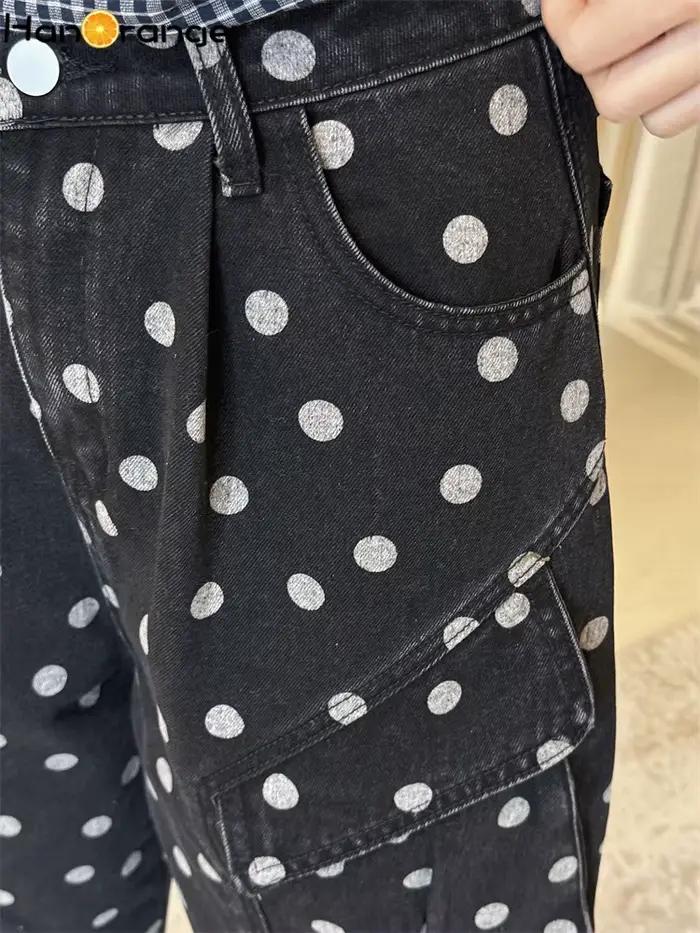 Printemps/Été Jean Cargo Femme Coupe Ample Longueur Genou Multipoches Motif Vague à Pois Blanc/Noir