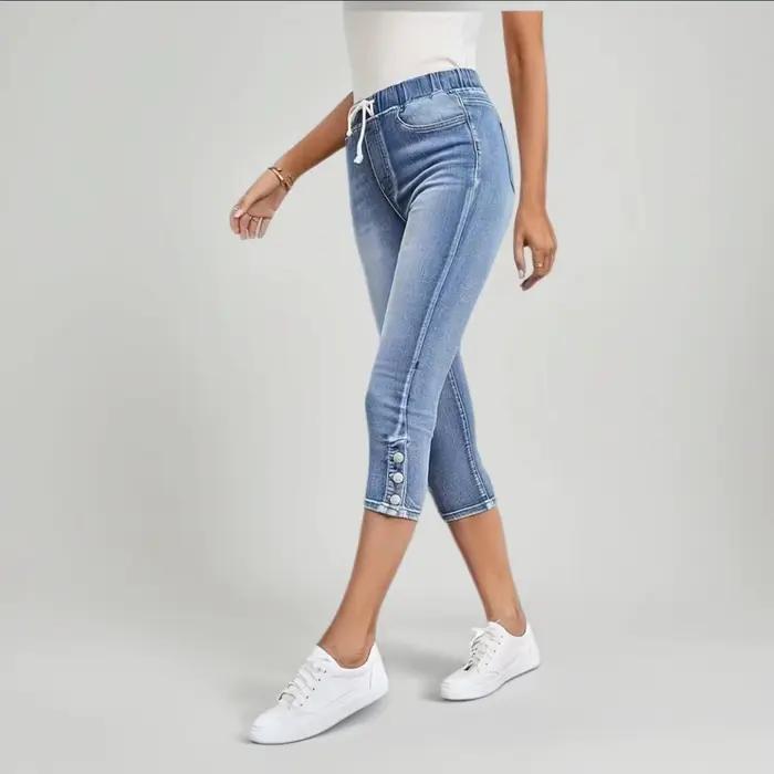 Nouveau Jean Capri Femme Été Style Européen et Américain Taille Élastique Coupe Ajustée en Denim Rétro