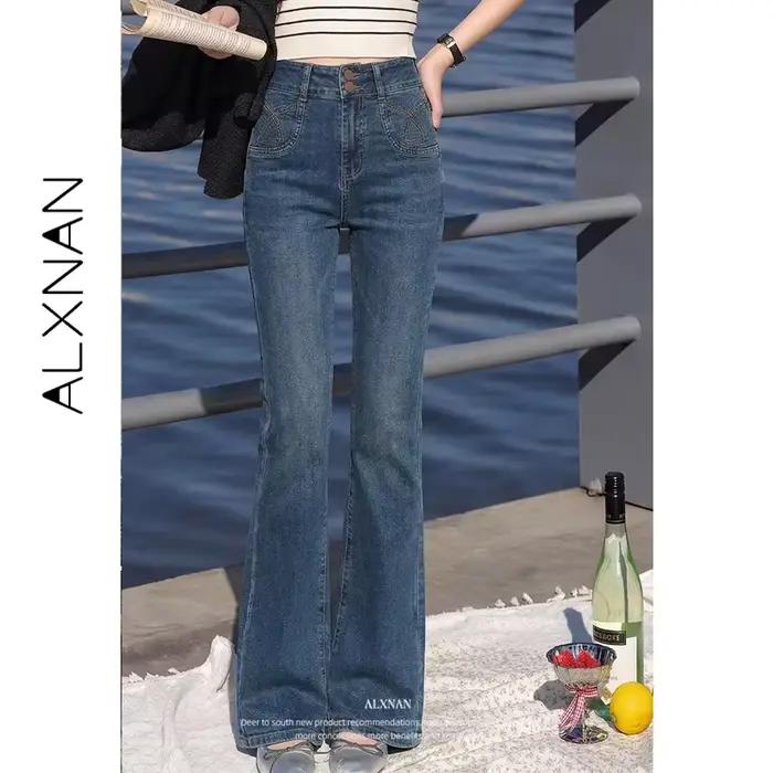 ALXNAN Jean bleu vintage taille haute évasé pour femme 2026 – Pantalon en denim ample et décontracté élégant