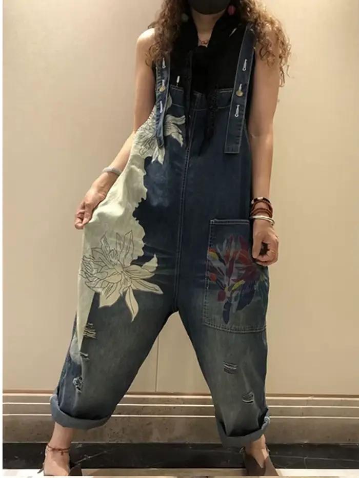 Amax luluE 2025 mode coréenne printemps femme imprimé Denim salopette dames Vintage Jeans décontractés femmes pantalons