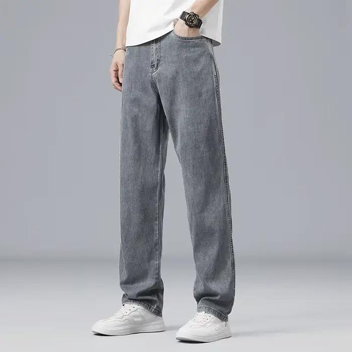 Été Ultra-mince Lyocell hommes jean drapé tissu doux ample droit décontracté Denim pantalon élastique glace soie mâle